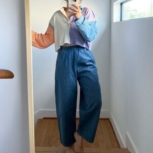 MICAELA GREG The Barrel Pant In Mid Blue Iconic Curved Leg Cotton Denim XL